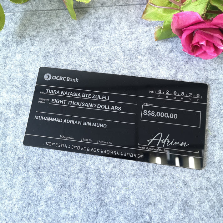 Mock Cheque Hantaran - Glossy Black (White Printed Text) Mock up Cheque