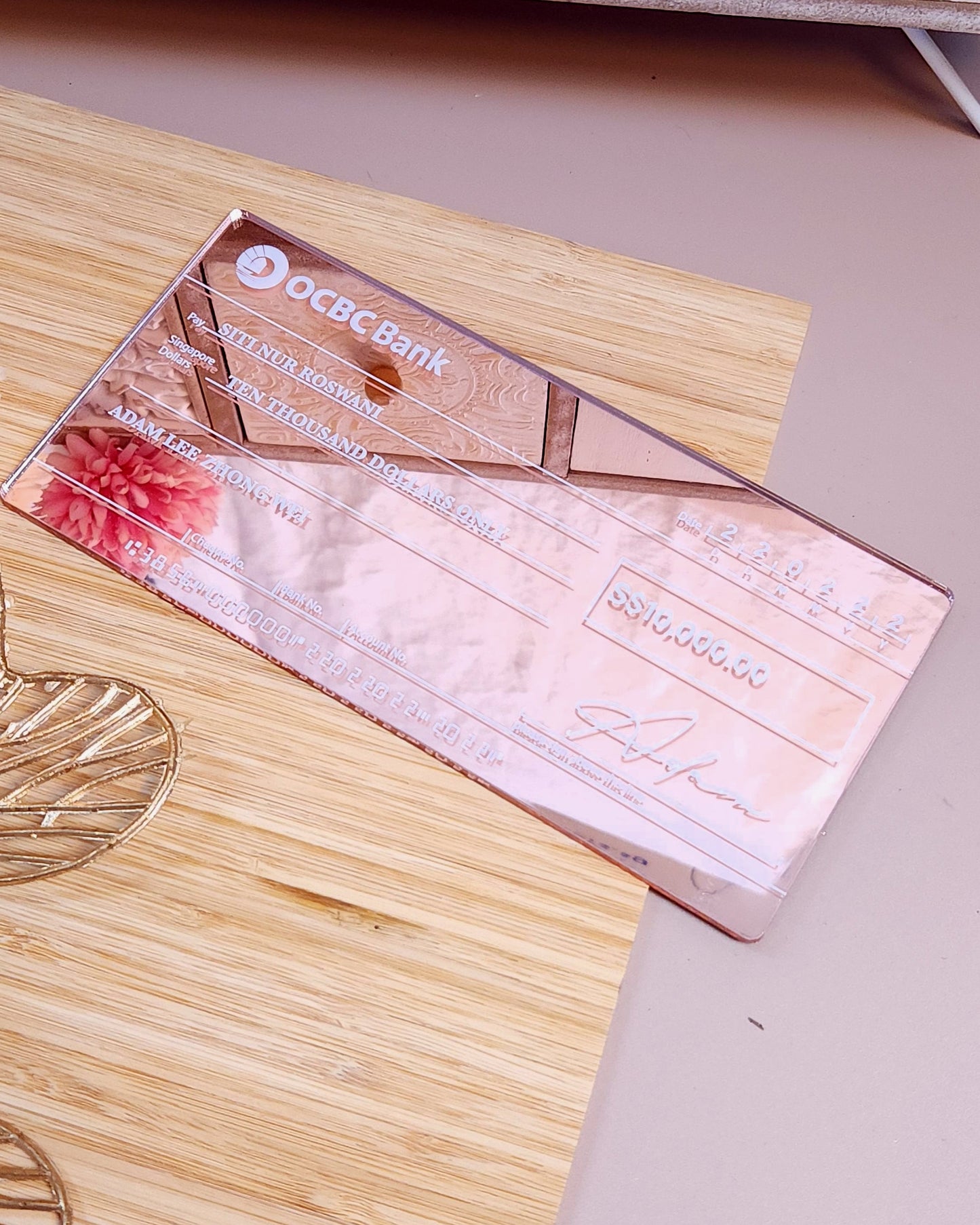 Personalized Mock Cheque Hantaran - Pink Mirror (White Mirror Text)