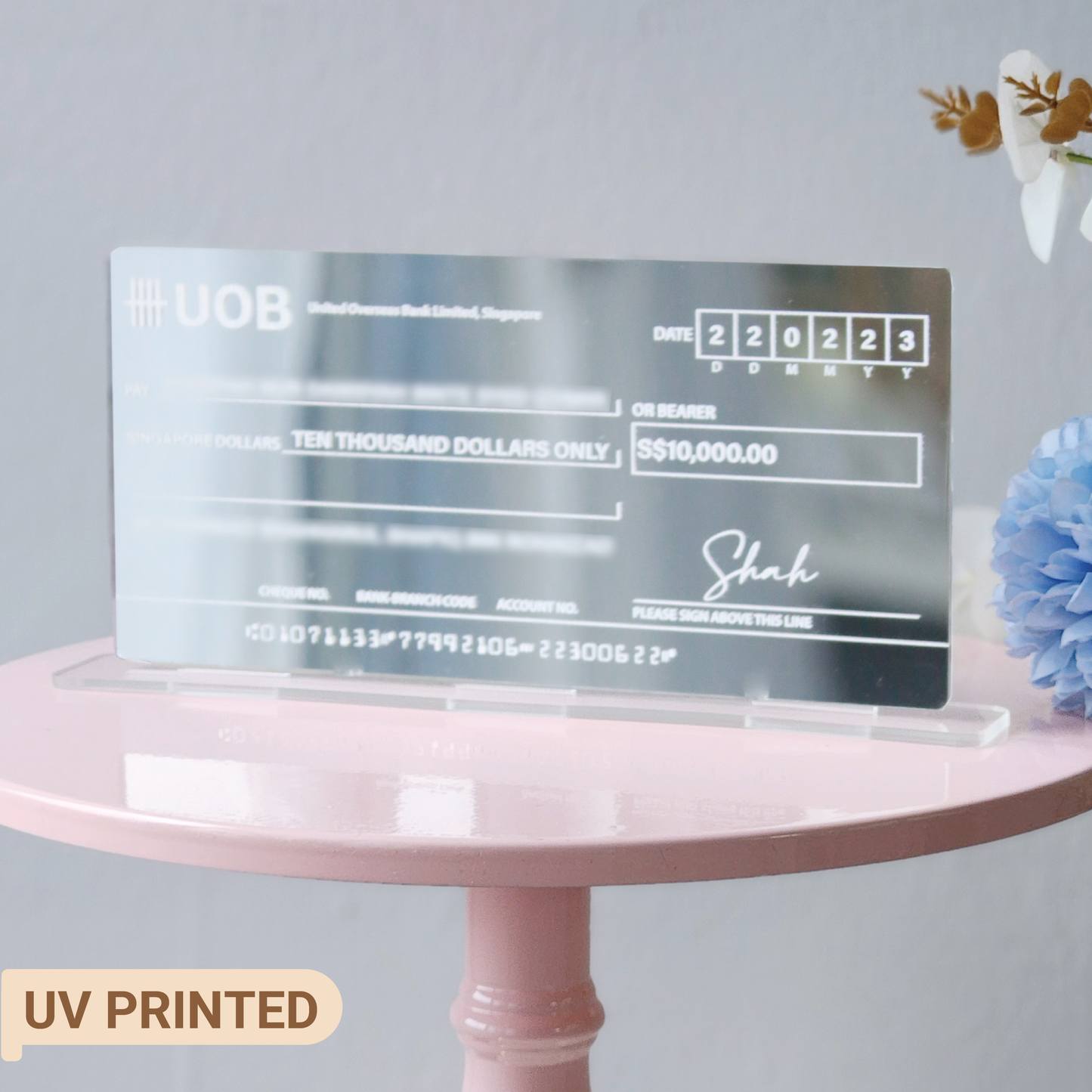 Personalized Mock Cheque Hantaran - Silver Mirror (White Printed Text)