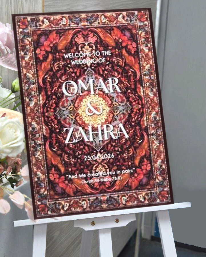 Decorative wedding sign on an easel suitable for cultural or heritage-themed weddings
