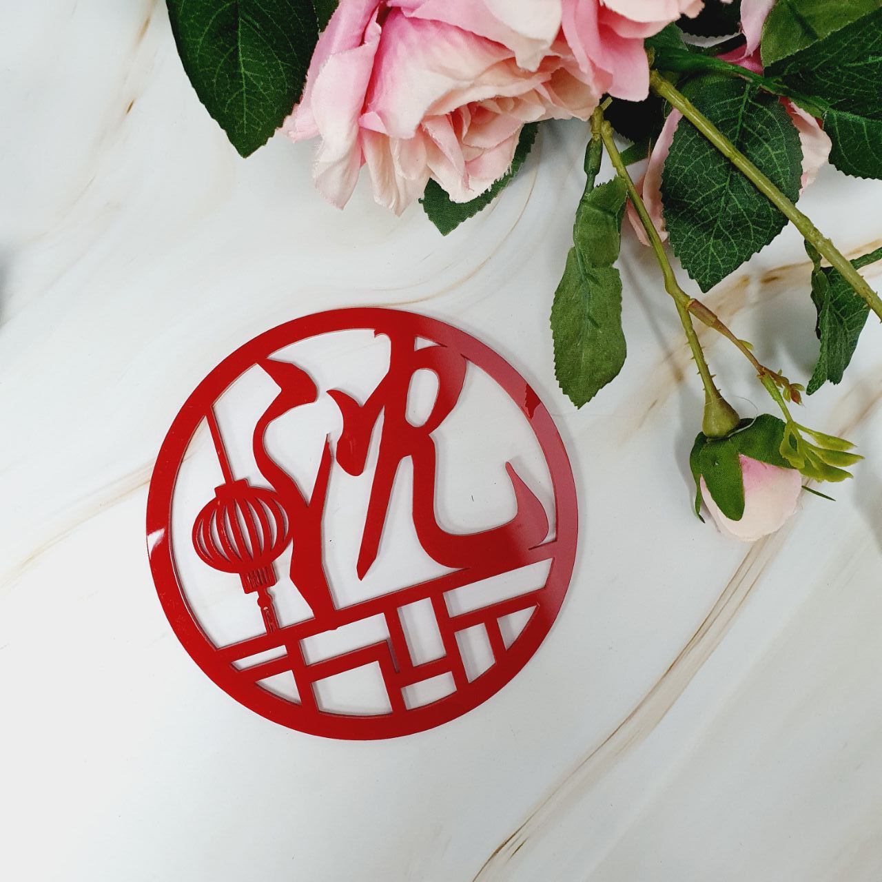 CNY reception decor wreath wooden laser cut backdrop