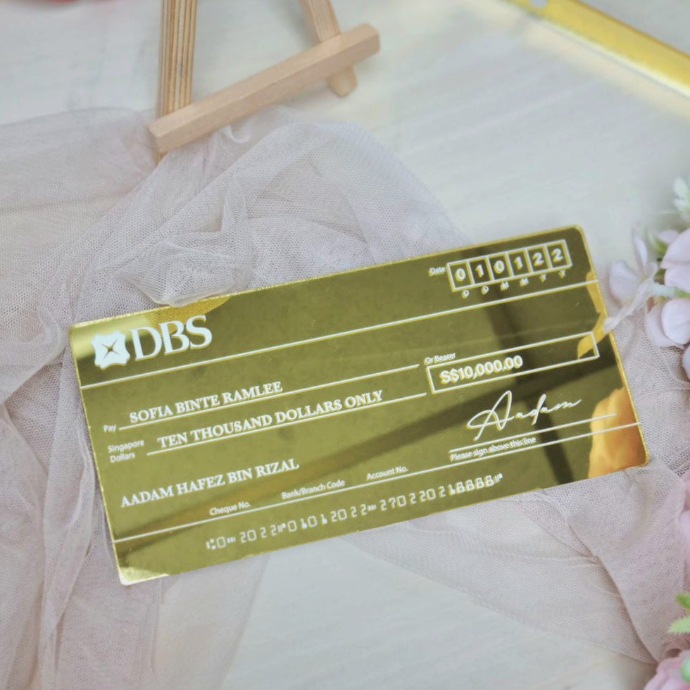 Mock Cheque Hantaran - Gold Mirror (White Printed Text)
