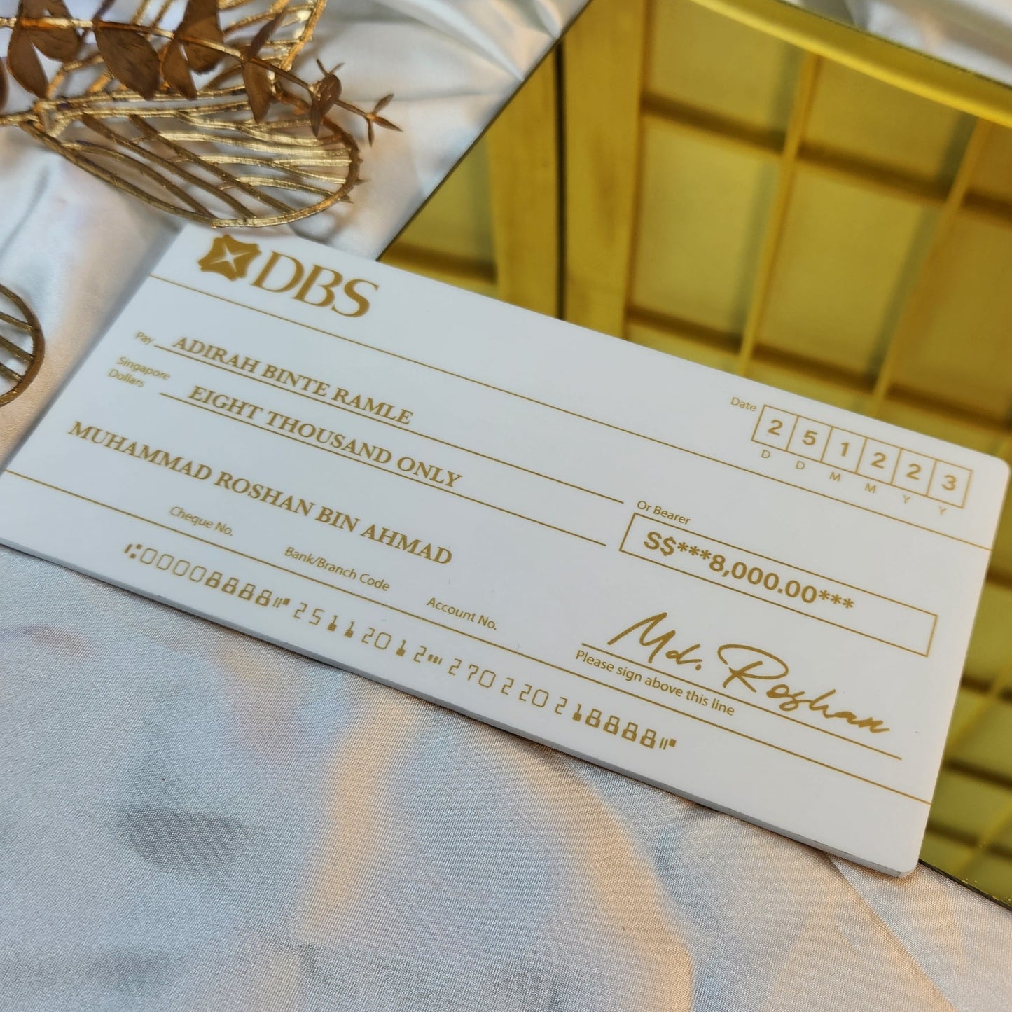 Mock Cheque Hantaran  - Matte White (Gold Printed Text)