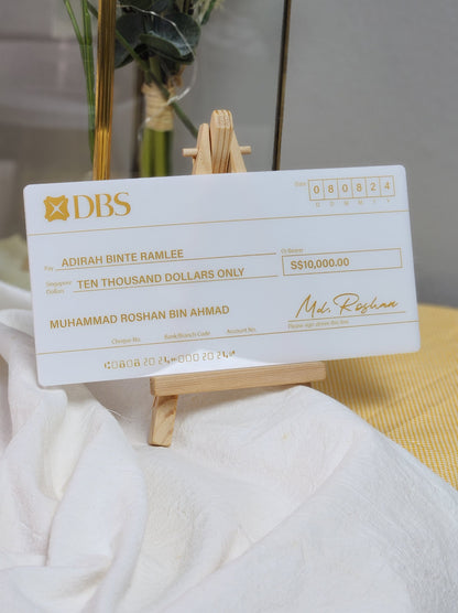 Mock Cheque Hantaran - Opal White (Gold Printed Text)