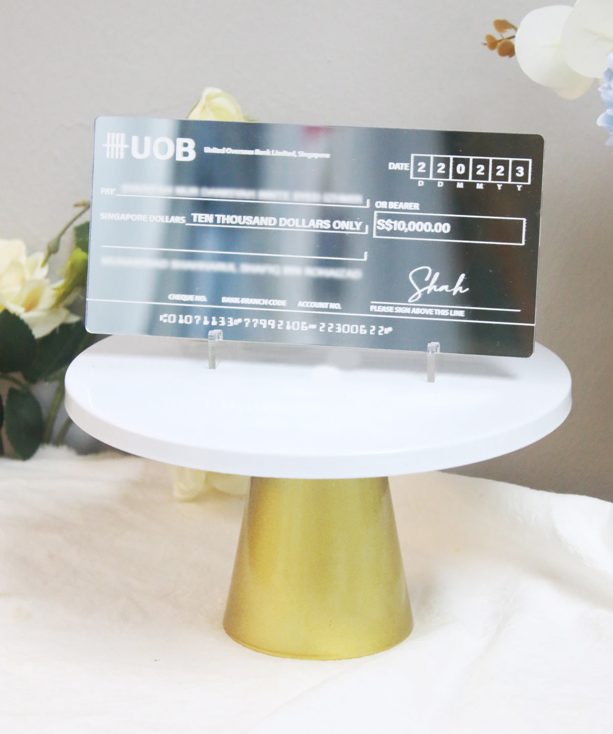 Personalized Mock Cheque Hantaran - Silver Mirror (White Printed Text)