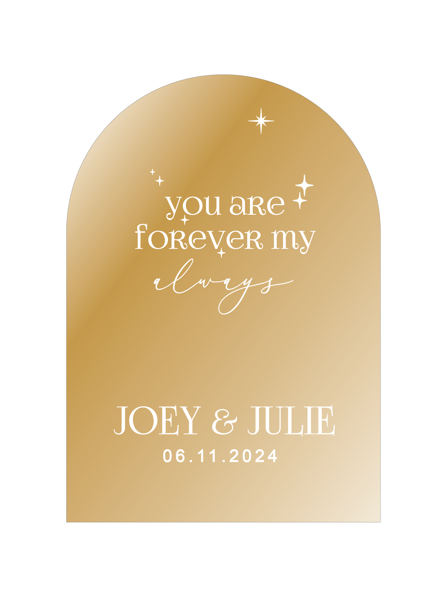 Gold arch-shaped plaque with romantic message and names on a white background