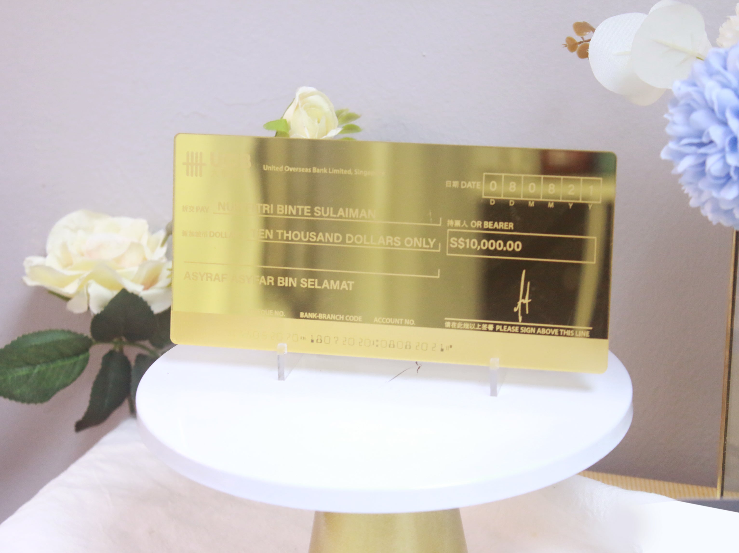 Acrylic Cheque Mock Cheque Hantaran - Gold Mirror (Engraved) Acrylic Mock up Cheque ...