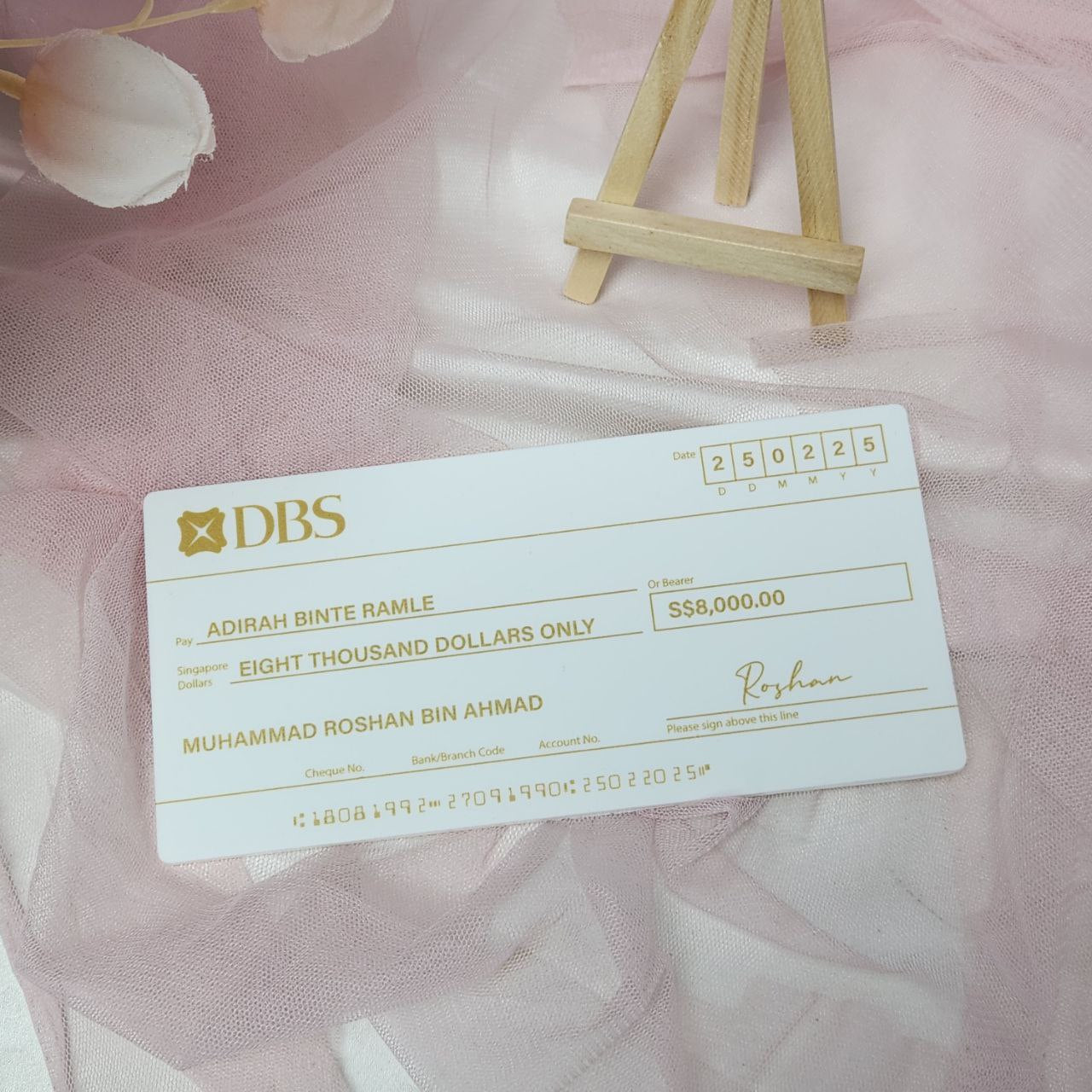 Mock Cheque Hantaran  - Matte White (Gold Printed Text)