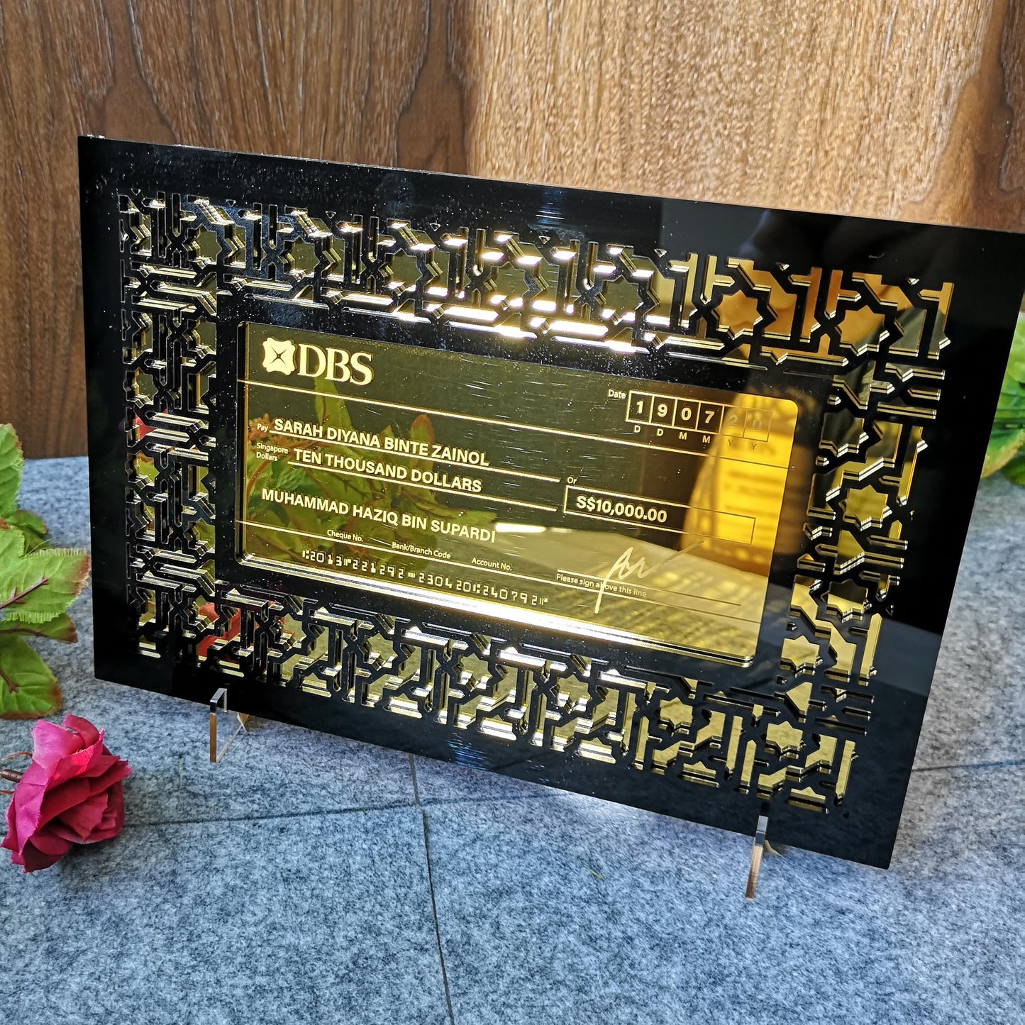 Ornate Design Mock up Cheque Display Frame (Gold with Black Acrylic) - Clik Clok