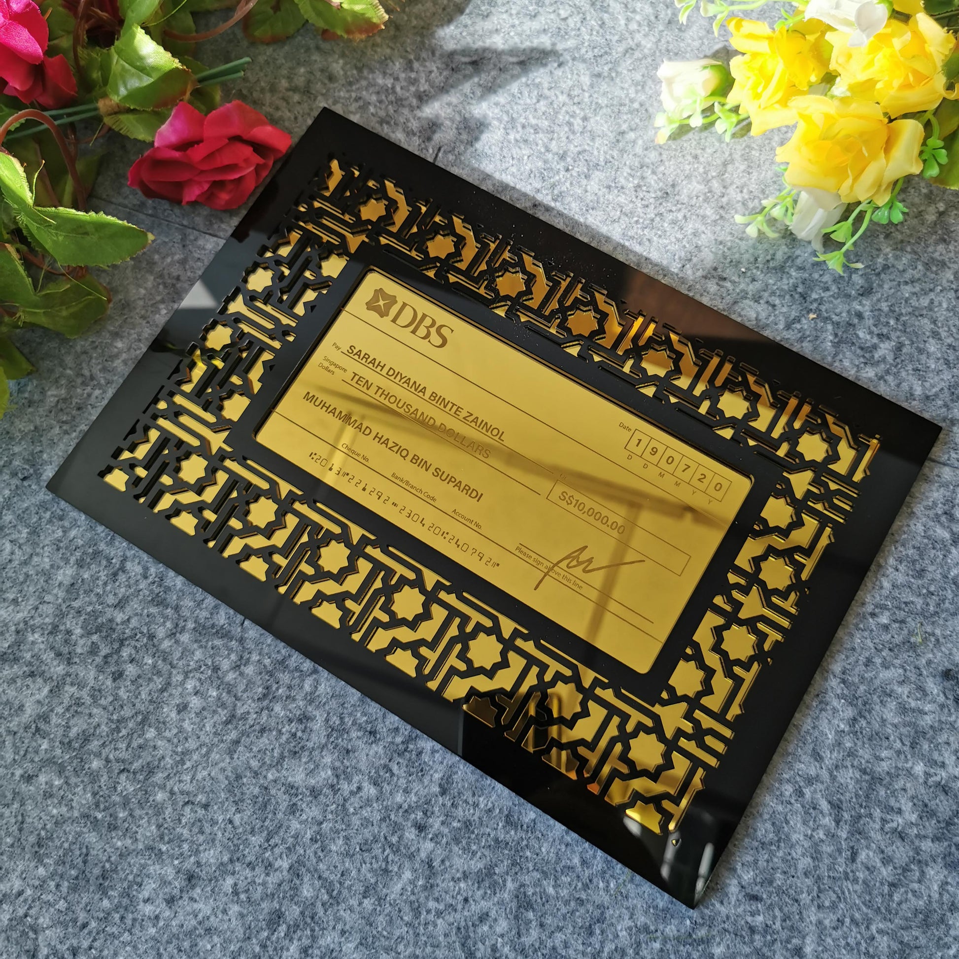 Ornate Design Mock up Cheque Display Frame (Gold with Black Acrylic) - Clik Clok