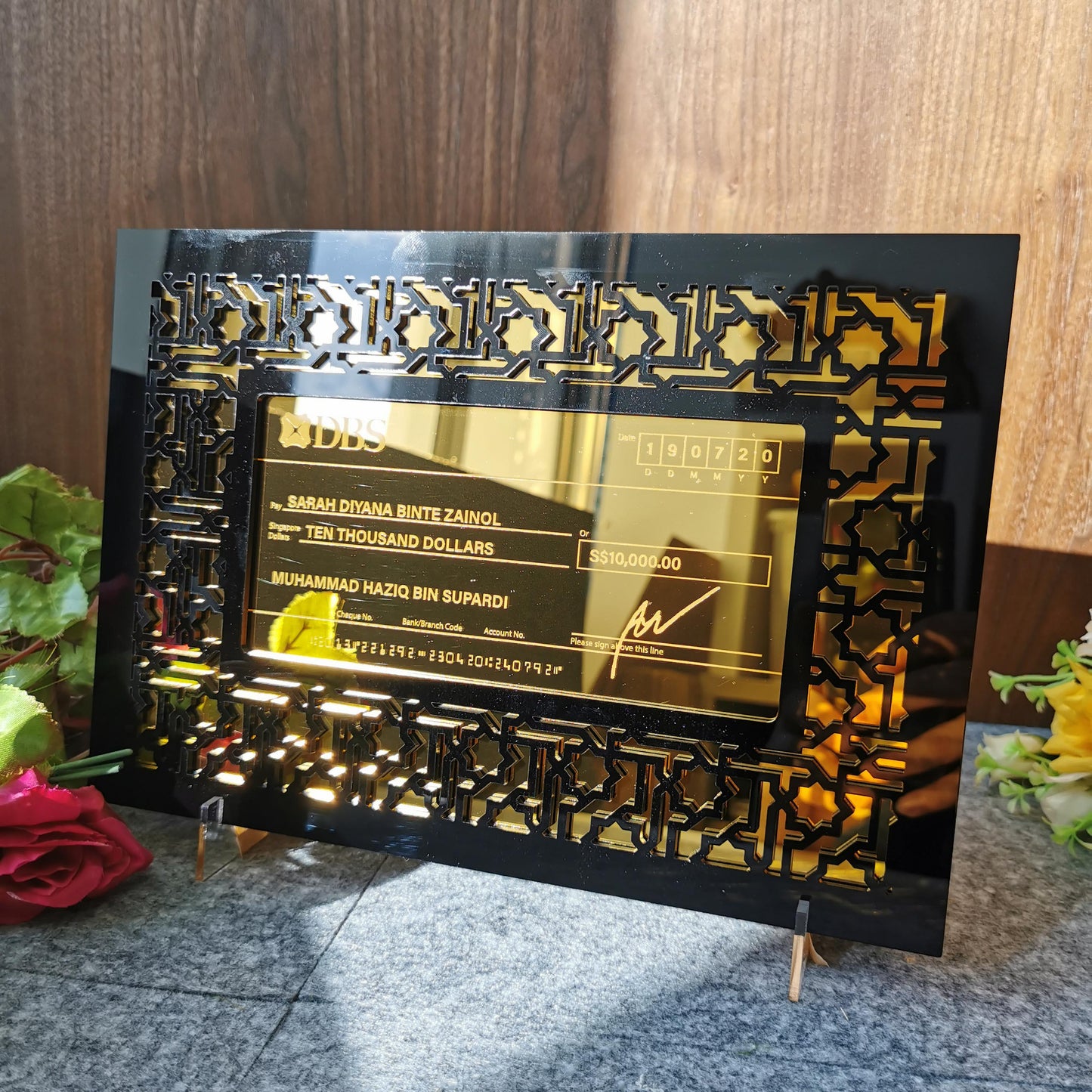 Ornate Design Mock up Cheque Display Frame (Gold with Black Acrylic) - Clik Clok