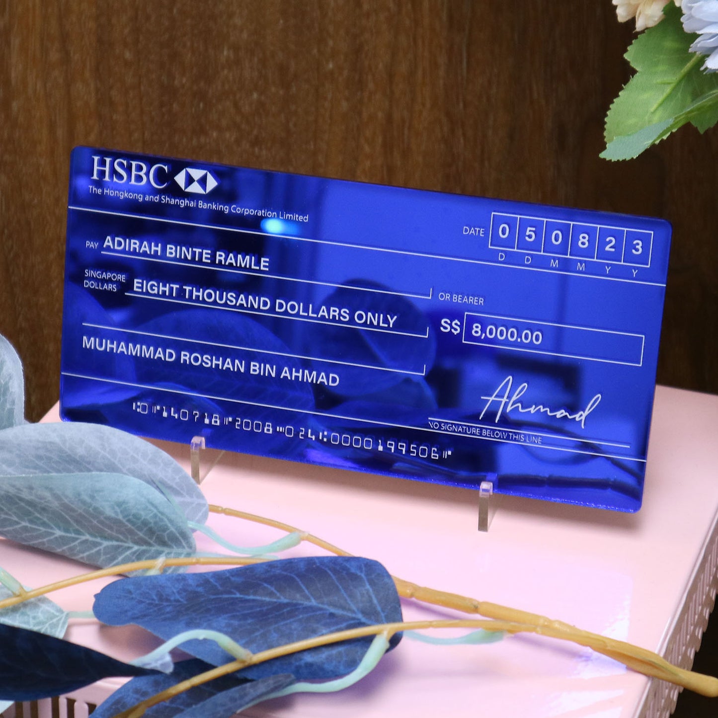 Mock Cheque Hantaran - Blue Mirror (White Printed Text)