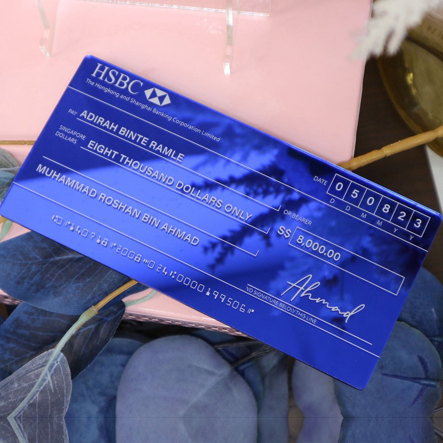 Mock Cheque Hantaran - Blue Mirror (White Printed Text)