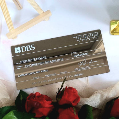 mock up cheque hantaran frame gift wedding decor ideas singapore acrylic cheques gift trays muslim malay weddings prize presentation anniversary award