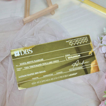 Mock Cheque Hantaran - Gold Mirror (White Printed Text)